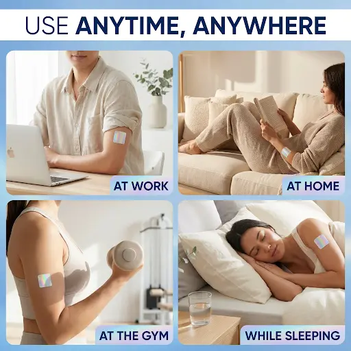 Illustrations of people wearing a patch at work, at home, during exercise, and while resting